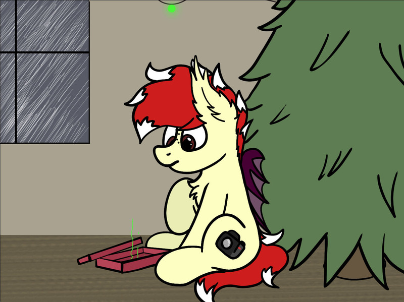 Size: 1499x1122 | Tagged: safe, artist:aaathebap, derpibooru import, oc, oc:aaaaaaaaaaa, bat pony, christmas, christmas lights, christmas tree, confused, holiday, present, snow, solo, tree