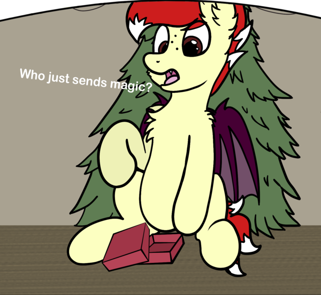 Size: 1499x1378 | Tagged: safe, artist:aaathebap, derpibooru import, oc, oc:aaaaaaaaaaa, bat pony, christmas, christmas tree, confused, holiday, present, solo, tree