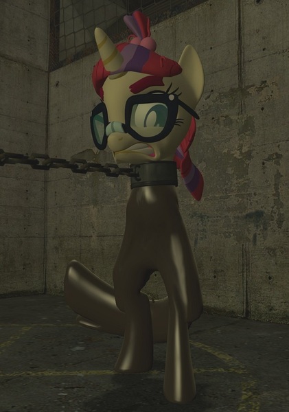 Size: 670x954 | Tagged: suggestive, deleted from derpibooru, derpibooru import, moondancer, unicorn, 3d, angry, bondage, chains, collar, concrete, dungeon, female, glasses, gmod, gritted teeth, jail, latex, latex suit, prisoner, rubber, rubber suit, solo, standing up, story included, walksuit