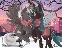 Size: 1011x790 | Tagged: safe, derpibooru import, queen chrysalis, oc, oc:black t0rnado, pegasus, pony, canon x oc, christmas, christmas changeling, city, cityscape, clothes, holiday, holly, holly mistaken for mistletoe, love, scarf, surprised, tree, winter