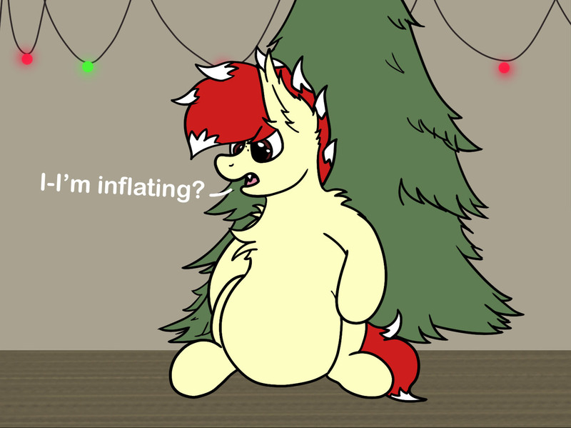 Size: 1499x1123 | Tagged: suggestive, artist:aaathebap, derpibooru import, oc, oc:aaaaaaaaaaa, bat pony, belly, christmas, christmas lights, christmas tree, confused, holiday, inflation, present, puffy, solo, tree