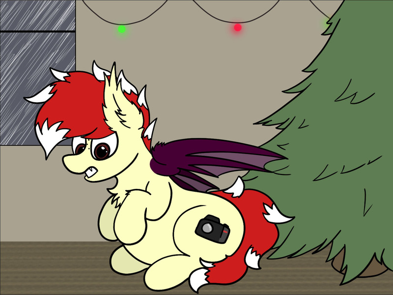 Size: 1500x1125 | Tagged: suggestive, artist:aaathebap, derpibooru import, oc, oc:aaaaaaaaaaa, bat pony, belly, christmas, christmas lights, christmas tree, holiday, inflation, present, puffy, solo, tree, worried