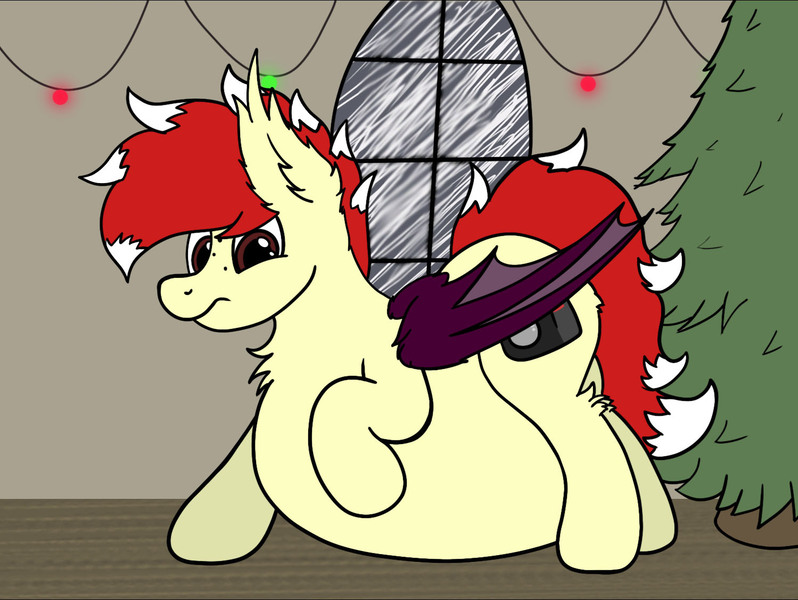 Size: 1499x1127 | Tagged: suggestive, artist:aaathebap, derpibooru import, oc, oc:aaaaaaaaaaa, bat pony, belly, christmas, christmas lights, christmas tree, holiday, inflation, present, puffy, solo, tree, worried