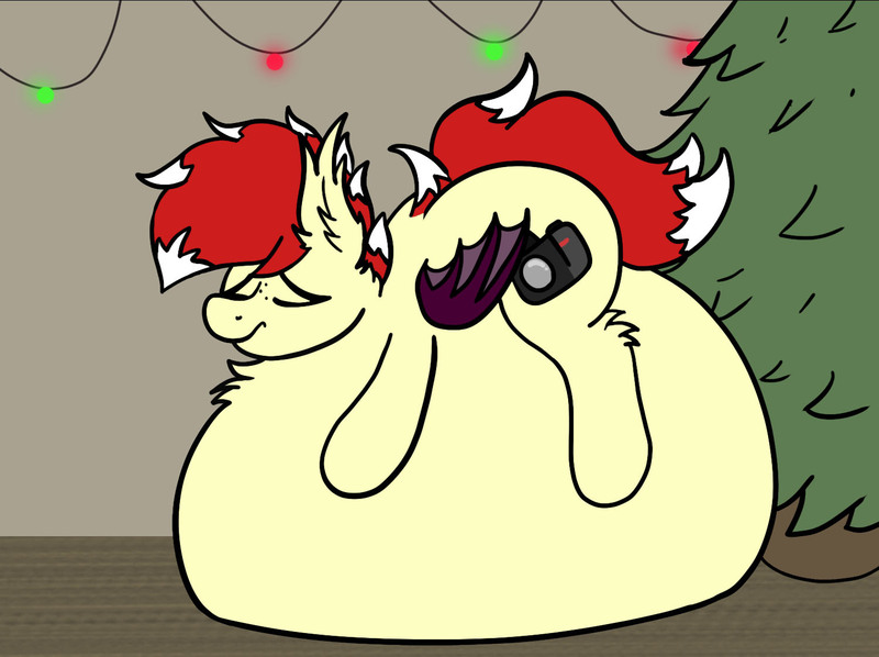 Size: 1499x1121 | Tagged: suggestive, artist:aaathebap, derpibooru import, oc, oc:aaaaaaaaaaa, bat pony, belly, christmas, christmas lights, christmas tree, holiday, inflation, present, puffy, solo, squish, squishy, tree, worried