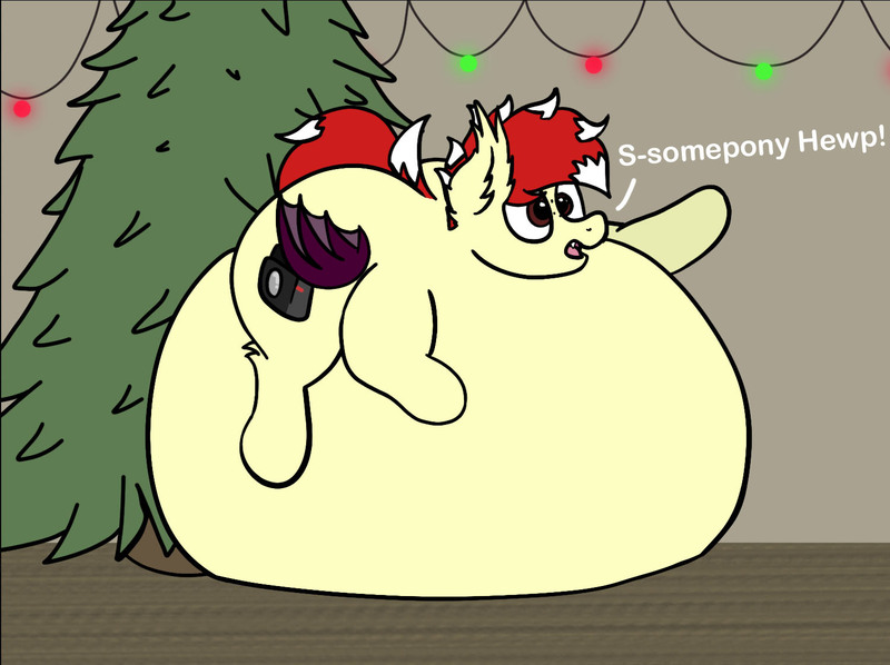 Size: 1500x1121 | Tagged: suggestive, artist:aaathebap, derpibooru import, oc, oc:aaaaaaaaaaa, bat pony, belly, belly bed, big belly, butt, christmas, christmas lights, christmas tree, holiday, huge belly, huge butt, impossibly large belly, impossibly large butt, inflation, large butt, present, puffy, solo, squish, squishy, tree, worried