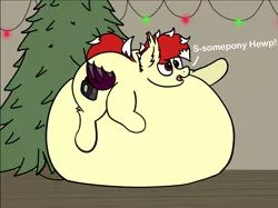 Size: 1500x1121 | Tagged: suggestive, artist:aaathebap, derpibooru import, oc, oc:aaaaaaaaaaa, bat pony, belly, belly bed, big belly, butt, christmas, christmas lights, christmas tree, holiday, huge belly, huge butt, impossibly large belly, impossibly large butt, inflation, large butt, present, puffy, solo, squish, squishy, tree, worried