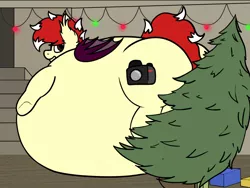 Size: 1499x1129 | Tagged: suggestive, artist:aaathebap, derpibooru import, oc, oc:aaaaaaaaaaa, bat pony, belly, belly bed, big belly, butt, christmas, christmas lights, christmas tree, holiday, huge belly, huge butt, impossibly large belly, impossibly large butt, inflation, large butt, present, puffy, solo, squish, squishy, tree, worried