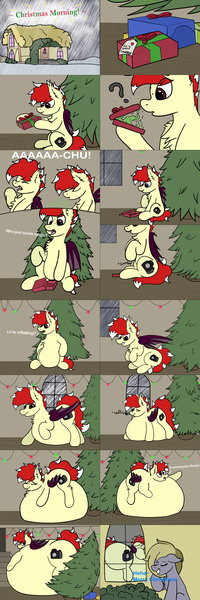 Size: 3000x9000 | Tagged: suggestive, artist:aaathebap, derpibooru import, oc, oc:aaaaaaaaaaa, oc:linx, bat pony, belly, belly bed, big belly, butt, christmas, christmas lights, christmas morning, christmas tree, comic, holiday, house, huge belly, huge butt, impossibly large belly, impossibly large butt, inflation, large butt, magic, photo, present, puffy, snow, solo, squish, squishy, tree, worried