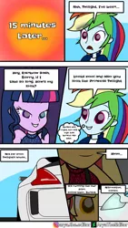 Size: 1080x1920 | Tagged: safe, artist:aryatheeditor, derpibooru import, rainbow dash, sci-twi, sunset shimmer, twilight sparkle, comic:behind of blue eye, comic:mlp daily life, equestria girls, car, clothes, comic, dark, digital art, geode of empathy, geode of super speed, geode of telekinesis, magical geodes, nissan, powerful sparkle, shirt, shocked, shocked expression, sleeveless, smiling, straight hair, t-shirt, vehicle