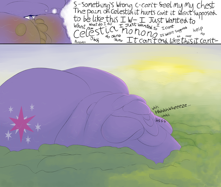 Size: 3250x2750 | Tagged: questionable, semi-grimdark, artist:lupin quill, derpibooru import, twilight sparkle, twilight sparkle (alicorn), alicorn, pony, series:changing times (weight gain), belly, belly bed, big belly, blob, blushing, butt, cellulite, chubby cheeks, close-up, comic, descriptive noise, double chin, fat, fat fetish, female, fetish, food, hooker, horn, huge belly, huge butt, immobile, implied heart attack, impossibly large belly, impossibly large butt, impossibly large everything, impossibly obese, large butt, mechanical blindness, messy eating, morbidly obese, multichin, neck fat, neck roll, obese, onomatopoeia, open mouth, out of breath, outdoors, pancakes, panic, plot, prostitute, prostitution, rolls of fat, slob, stretchmarks, sweat, sweatdrop, syrup, the ass was fat, thought bubble, tree, twibutt, twilard sparkle, twilight has a big ass, twilighting, weight gain, weight gain sequence