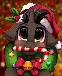 Size: 1446x1764 | Tagged: safe, artist:pridark, derpibooru import, oc, oc:saffronic shadow, pony, unicorn, bell, blushing, candy, candy cane, christmas, commission, cute, food, hat, holiday, mouth hold, ocbetes, pridark's christmas ponies, santa hat, solo, wreath, ych result