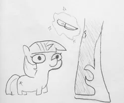 Size: 1216x1008 | Tagged: safe, artist:tjpones, derpibooru import, part of a set, nightmare moon, twilight sparkle, alicorn, pony, unicorn, friendship is magic, female, imminent pain, knife, magic, mare, monochrome, pencil drawing, simple background, size difference, sketch, smol, telekinesis, this will not end in death, traditional art, twiggie, white background