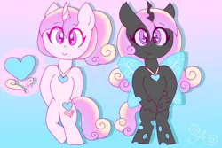 Size: 3000x2000 | Tagged: safe, artist:alannaartroid, derpibooru import, princess cadance, changeling, pony, unicorn, alternate hairstyle, alternate universe, bipedal, changelingified, disguise, disguised changeling, female, gradient background, heart eyes, jewelry, mare, necklace, redesign, solo, species swap, wingding eyes