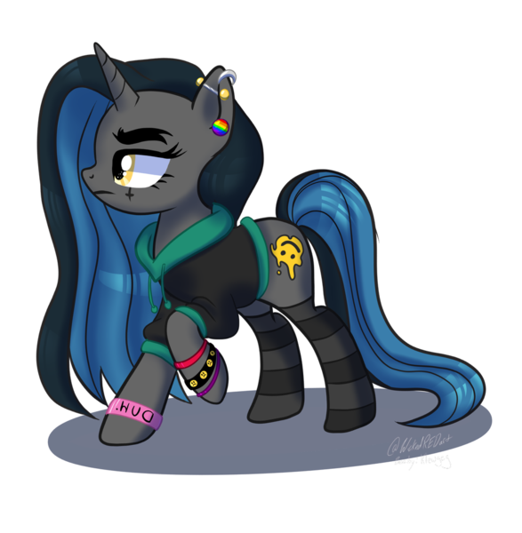 Size: 1024x1047 | Tagged: safe, artist:klewgcg, artist:wicked-red-art, derpibooru import, oc, oc:tough cookie (ice1517), unofficial characters only, pony, unicorn, bracelet, clothes, ear piercing, earring, female, hoodie, jewelry, makeup, mare, piercing, raised hoof, show accurate, simple background, socks, solo, striped socks, transparent background, wristband