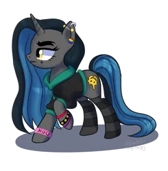 Size: 1024x1047 | Tagged: safe, artist:klewgcg, artist:wicked-red-art, derpibooru import, oc, oc:tough cookie (ice1517), unofficial characters only, pony, unicorn, bracelet, clothes, ear piercing, earring, female, hoodie, jewelry, makeup, mare, piercing, raised hoof, show accurate, simple background, socks, solo, striped socks, transparent background, wristband