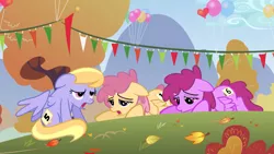 Size: 2880x1620 | Tagged: safe, derpibooru import, screencap, cloud kicker, dizzy twister, juicy fruit, orange swirl, pegasus, pony, fall weather friends, background pony, balloon, female, leaves, lidded eyes, mare, panting, prone, tired, tree, trio