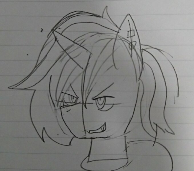 Size: 1080x954 | Tagged: safe, artist:omegapony16, derpibooru import, oc, oc:oriponi, unofficial characters only, pony, unicorn, bust, ear piercing, earring, grin, horn, jewelry, lined paper, piercing, sketch, smiling, solo, traditional art, unicorn oc