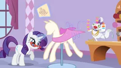 Size: 2880x1618 | Tagged: safe, derpibooru import, screencap, opalescence, rarity, cat, pony, unicorn, suited for success, balancing, cloth, duo, female, glasses, glue bottle, magic, magic aura, mannequin, mare, measuring tape, needle, ponyquin, rarity's glasses, scissors, spool, standing, standing on one leg, telekinesis, thread