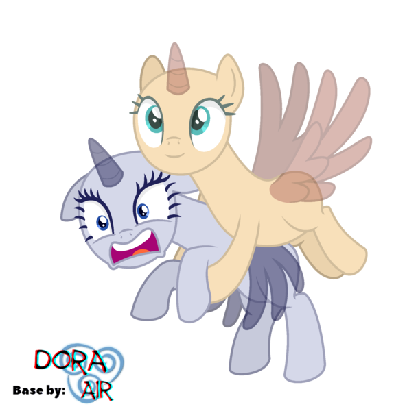 Size: 2000x2089 | Tagged: safe, artist:doraair, derpibooru import, oc, unofficial characters only, alicorn, pony, alicorn oc, base, duo, flying, holding a pony, horn, scared, simple background, smiling, transparent background, wings