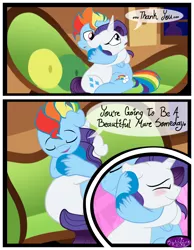 Size: 3500x4500 | Tagged: safe, artist:becauseimpink, derpibooru import, rainbow dash, rarity, pegasus, pony, unicorn, comic:transition, comic, couch, dialogue, elusive, eyes closed, gay, hug, male, rainbow blitz, rule 63, sitting, smiling, transgender, unshorn fetlocks