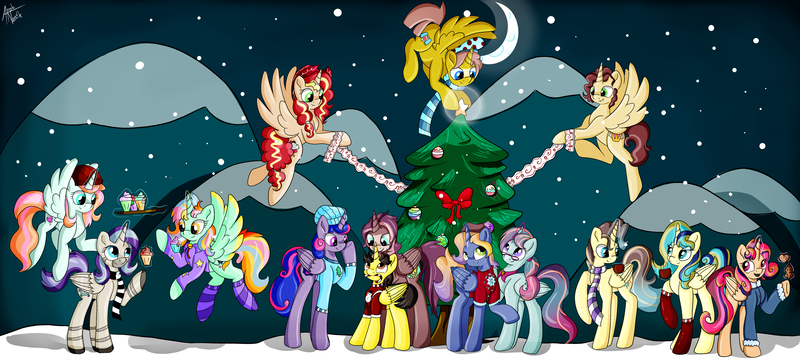 Size: 8278x3720 | Tagged: safe, artist:appleneedle, author:bigonionbean, derpibooru import, oc, oc:aerial agriculture, oc:earthing elements, oc:heartstrong flare, oc:king calm merriment, oc:king righteous authority, oc:king speedy hooves, oc:princess healing glory, oc:princess mythic majestic, oc:princess sincere scholar, oc:princess young heart, oc:queen fresh care, oc:queen galaxia, oc:queen motherly morning, oc:tommy the human, alicorn, pony, alicorn oc, alicorn princess, alicornified, aunt and nephew, aunt and niece, beanie, bowtie, candy, candy cane, chocolate, christmas cookies, christmas star, clothes, collar, commission, commissioner:bigonionbean, cookie, cowboy hat, crescent moon, cupcake, father and child, father and daughter, father and son, female, food, fusion, fusion: princess healing glory, fusion:aerial agriculture, fusion:earthing elements, fusion:heartstrong flare, fusion:king calm merriment, fusion:king righteous authority, fusion:king speedy hooves, fusion:princess mythic majestic, fusion:princess sincere scholar, fusion:princess young heart, fusion:queen fresh care, fusion:queen galaxia, fusion:queen motherly morning, grandfather and grandchild, grandfather and granddaughter, grandfather and grandson, grandmother and grandchild, grandmother and granddaughter, grandmother and grandson, grandparents, hat, hearth's warming, hearth's warming eve, horn, hot chocolate, husband and wife, magic, male, moon, mother and child, mother and daughter, mother and son, mountain, night, ornaments, race swap, scarf, socks, sweater, ugly sweater, uncle and nephew, uncle and niece, wings