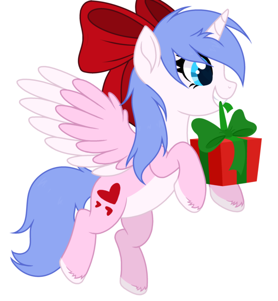 Size: 2712x2936 | Tagged: safe, artist:alfury, artist:starshade, derpibooru import, oc, oc:rioshi sweet, unofficial characters only, alicorn, pony, alicorn oc, base used, bow, christmas, female, hair bow, holiday, horn, mare, present, simple background, smiling, solo, unshorn fetlocks, white background, wings