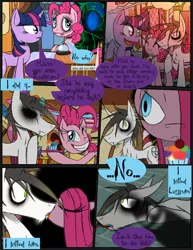 Size: 888x1150 | Tagged: safe, artist:didun850, derpibooru import, pinkie pie, twilight sparkle, oc, oc:lustrum, earth pony, pony, shadow pony, unicorn, comic:my little enenra friendship is insane, ask, black eye, blood, bruised, comic, cupcake, dialogue, eyes closed, food, glowing eyes, grin, hair over one eye, kissing, male, pinkamena diane pie, rainbow cupcake, smiling, stallion, sugarcube corner, tumblr, unicorn twilight, wide eyes