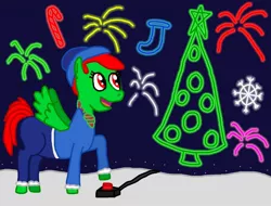 Size: 1280x972 | Tagged: safe, artist:sb1991, derpibooru import, oc, oc:fire sparks, pegasus, pony, candy, candy cane, christmas, christmas stocking, christmas tree, clothes, fireworks, food, hearth's warming, hearth's warming eve, holiday, snow, snowflake, socks, stockings, thigh highs, tree