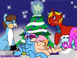 Size: 1280x960 | Tagged: safe, artist:pepper estrada, derpibooru import, oc, oc:danny, oc:parcly taxel, oc:starry star, oc:strawberry saddles, oc:sugarpaw, unofficial characters only, alicorn, earth pony, pony, unicorn, alicorn oc, christmas, christmas tree, clothes, cuddling, female, holiday, horn, male, mare, night, prone, scarf, snow, snowman, stallion, stars, tree, wings