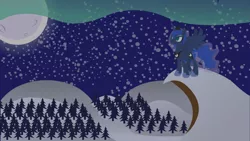 Size: 1920x1080 | Tagged: safe, artist:thunder-blur, derpibooru import, princess luna, alicorn, pony, forest, moon, mountain, night, scenery, snow, solo, stars, tree, winter