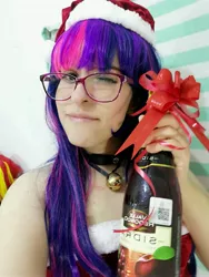 Size: 3456x4608 | Tagged: safe, artist:ribbonbell, derpibooru import, sci-twi, twilight sparkle, human, equestria girls, bell, bell collar, christmas, cider, clothes, collar, cosplay, costume, glasses, holiday, irl, irl human, one eye closed, photo, wink