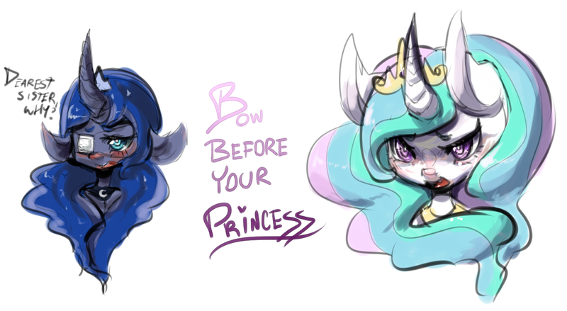 Size: 1200x658 | Tagged: safe, artist:kaknifu, derpibooru import, princess celestia, princess luna, alicorn, pony, 2014, bust, curved horn, dialogue, duo, ethereal mane, eyepatch, female, horn, jewelry, mare, simple background, starry mane, tiara, white background