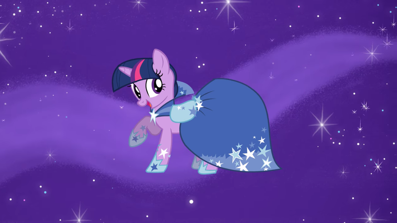 Size: 2880x1620 | Tagged: safe, derpibooru import, screencap, twilight sparkle, pony, unicorn, suited for success, clothes, dress, female, gala dress, mare, outfit catalog, raised hoof, solo, starry backdrop, stars, unicorn twilight