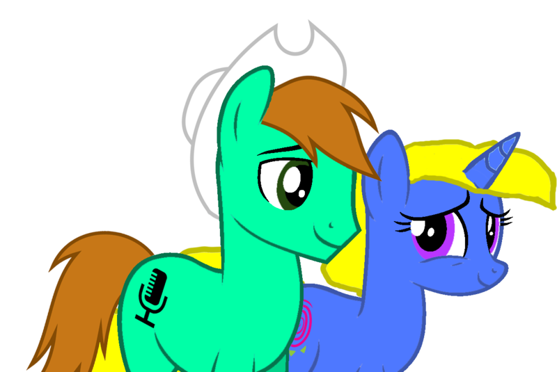 Size: 1266x846 | Tagged: safe, artist:kayman13, derpibooru import, oc, oc:callion disney, oc:kellen, unofficial characters only, unicorn, female, hat, looking at each other, male, simple background, smiling, transparent background