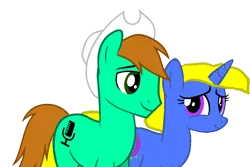 Size: 1266x846 | Tagged: safe, artist:kayman13, derpibooru import, oc, oc:callion disney, oc:kellen, unofficial characters only, unicorn, female, hat, looking at each other, male, simple background, smiling, transparent background