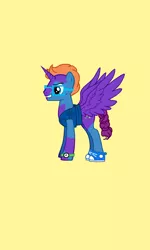 Size: 720x1202 | Tagged: safe, artist:calebtyink, derpibooru import, oc, oc:clepsydra, unofficial characters only, alicorn, pony, pony creator, alicorn oc, clothes, coat markings, freckles, glasses, horn, male, shoes, simple background, solo, spread wings, stallion, watch, wings, yellow background