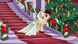 Size: 3093x1743 | Tagged: artist:nstone53, christmas, christmas tree, clothes, derpibooru import, dress, female, gala dress, holiday, oc, pegasus, pegasus oc, safe, shoes, stairs, tree, wings