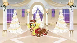 Size: 3371x1896 | Tagged: artist:nstone53, christmas, christmas tree, clothes, derpibooru import, dress, female, gala dress, holiday, oc, oc:angel snow, pegasus, pegasus oc, safe, tree, wings