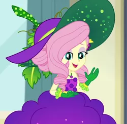 Size: 1104x1080 | Tagged: safe, derpibooru import, screencap, fluttershy, equestria girls, equestria girls series, holidays unwrapped, spoiler:eqg series (season 2), bare shoulders, belt, clothes, cornucopia costumes, costume, cropped, cute, dress, eyeshadow, food, fruit, geode of fauna, gloves, grapes, hat, jewelry, leaf, lidded eyes, looking down, magical geodes, makeup, necklace, o come all ye squashful, shyabetes, sleeveless, smiling, solo, vine