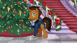 Size: 3200x1800 | Tagged: safe, artist:nstone53, derpibooru import, oc, oc:copper plume, unicorn, christmas, christmas tree, clothes, commission, commissioner:imperfectxiii, cravat, freckles, gala suit, grand galloping gala, holiday, male, monocle, solo, stairs, suit, tree