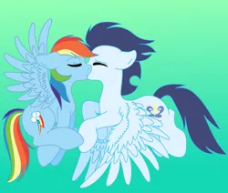 Size: 820x694 | Tagged: safe, artist:northgirl15, derpibooru import, rainbow dash, soarin', pegasus, pony, female, flying, kissing, male, mare, shipping, soarindash, stallion, straight