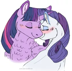 Size: 729x723 | Tagged: safe, artist:arcticwaters, derpibooru import, rarity, twilight sparkle, twilight sparkle (alicorn), alicorn, pony, unicorn, blushing, bust, female, horn, horns are touching, lesbian, nuzzling, rarilight, shipping, simple background, white background