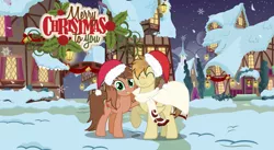 Size: 3499x1922 | Tagged: safe, artist:kathrinethegamerpony, derpibooru import, oc, oc:kathrine, oc:sandstorm, pegasus, pony, christmas, cloak, clothes, female, hat, holiday, male, mare, santa hat, stallion