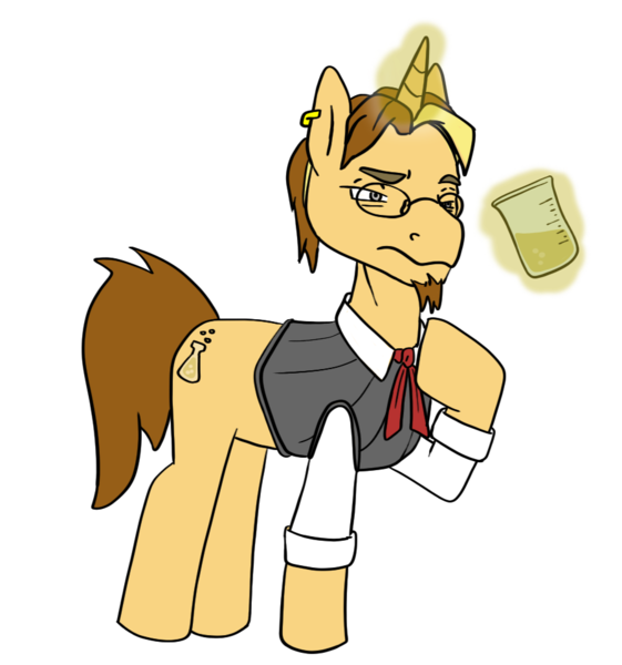 Size: 900x962 | Tagged: safe, artist:kallisti, derpibooru import, oc, oc:golden flask, unofficial characters only, pony, unicorn, 2020 community collab, derpibooru community collaboration, ascot, beaker, beard, clothes, ear piercing, earring, facial hair, glasses, jewelry, magic, male, piercing, ponytail, simple background, solo, transparent background, vest
