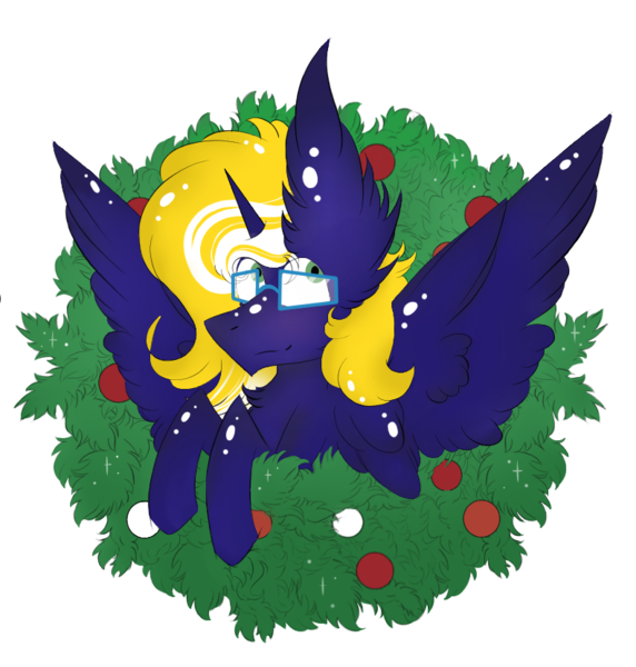 Size: 791x830 | Tagged: alicorn, alicorn oc, artist:hunterthewastelander, christmas, christmas wreath, commission, commissioner:th3bluerose, derpibooru import, glasses, holiday, horn, oc, oc:time vortex (th3bluerose), safe, simple background, spread wings, transparent background, wings, wreath, ych result