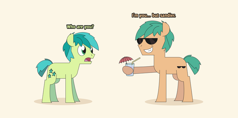 Size: 4629x2295 | Tagged: safe, artist:gd_inuk, derpibooru import, sandbar, earth pony, pony, cup, duo, high res, hoof hold, juice, lemonade, male, round trip, simple background, smug, straw, sunblind, sunglasses, yellow background