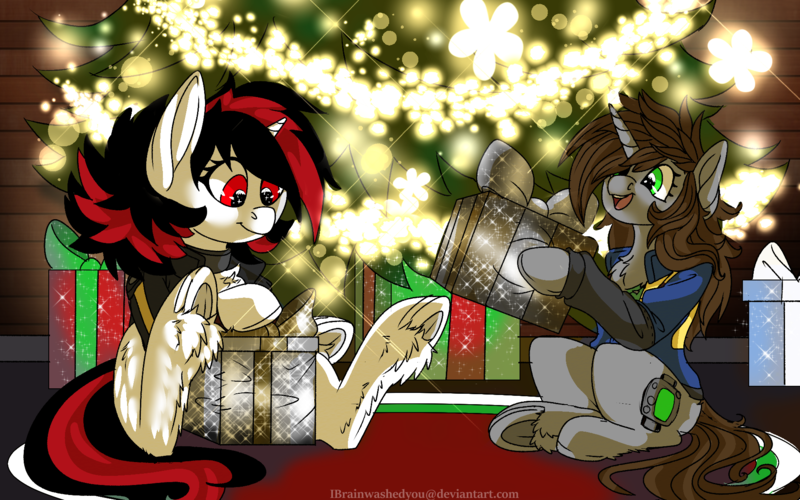 Size: 1920x1200 | Tagged: safe, artist:brainiac, derpibooru import, oc, oc:blackjack, oc:littlepip, unofficial characters only, pony, unicorn, fallout equestria, fallout equestria: project horizons, chest fluff, christmas, christmas lights, christmas presents, christmas tree, collar, commission, cute, fanfic art, female, fluffy, frog (hoof), hearthswarming, holiday, horn, mare, ocbetes, small horn, tree, underhoof