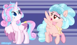 Size: 2446x1434 | Tagged: safe, artist:lilith1light, derpibooru import, cozy glow, princess flurry heart, pony, base used, duo, jewelry, missing cutie mark, older, older flurry heart, two toned wings, wings