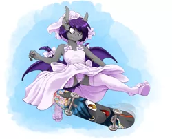 Size: 2473x2000 | Tagged: suggestive, artist:replica, derpibooru import, oc, oc:nolegs, oc:speck, unofficial characters only, anthro, bat pony, unguligrade anthro, anthro oc, bat pony oc, bat wings, clothes, dress, fangs, female, frilly underwear, panties, skateboard, skateboarding, skirt, socks, solo, solo female, stockings, thigh highs, tomboy taming, underwear, upskirt, wedding dress, white underwear, wings