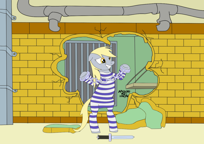 Size: 1123x794 | Tagged: safe, artist:amaguq, derpibooru import, derpy hooves, pegasus, pony, broken wall, clothes, cody travers, crossover, cuffs, female, final fight, handcuffed, knife, prison cell, prison outfit, prison stripes, solo, street fighter, street fighter alpha 3, street fighter zero 3, vector